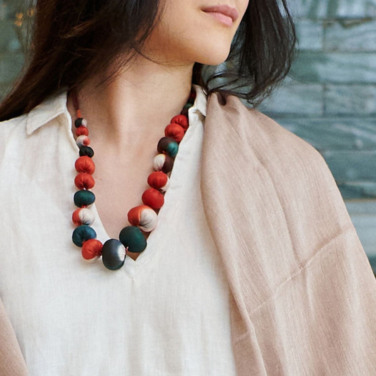 Mihika Red Silk Beaded Necklace Modern Artisanal
