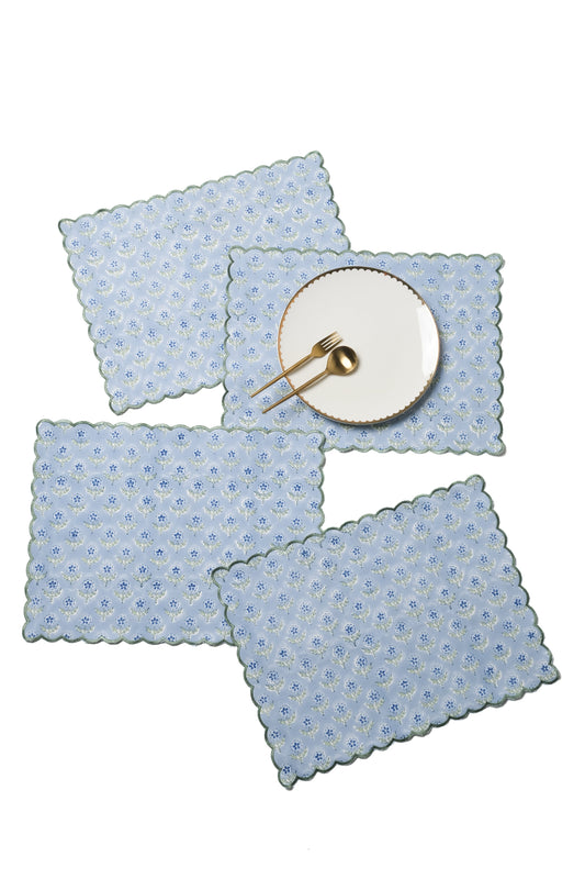 Mona Scallop Embroidered Blockprint Placemat in Blue