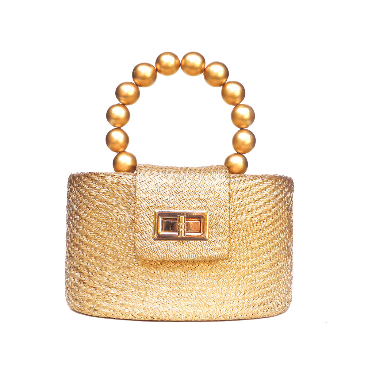 THE OLIVIA — Gold Woven Straw Top-Handle Bag with Beaded Handle