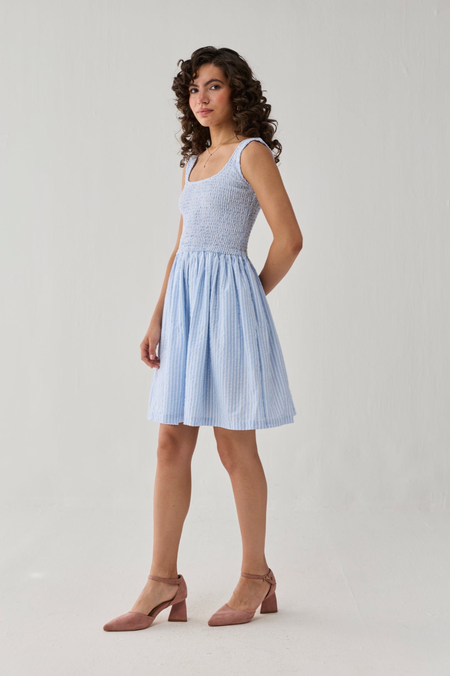 Smocked Short Dress in Blue Stripes