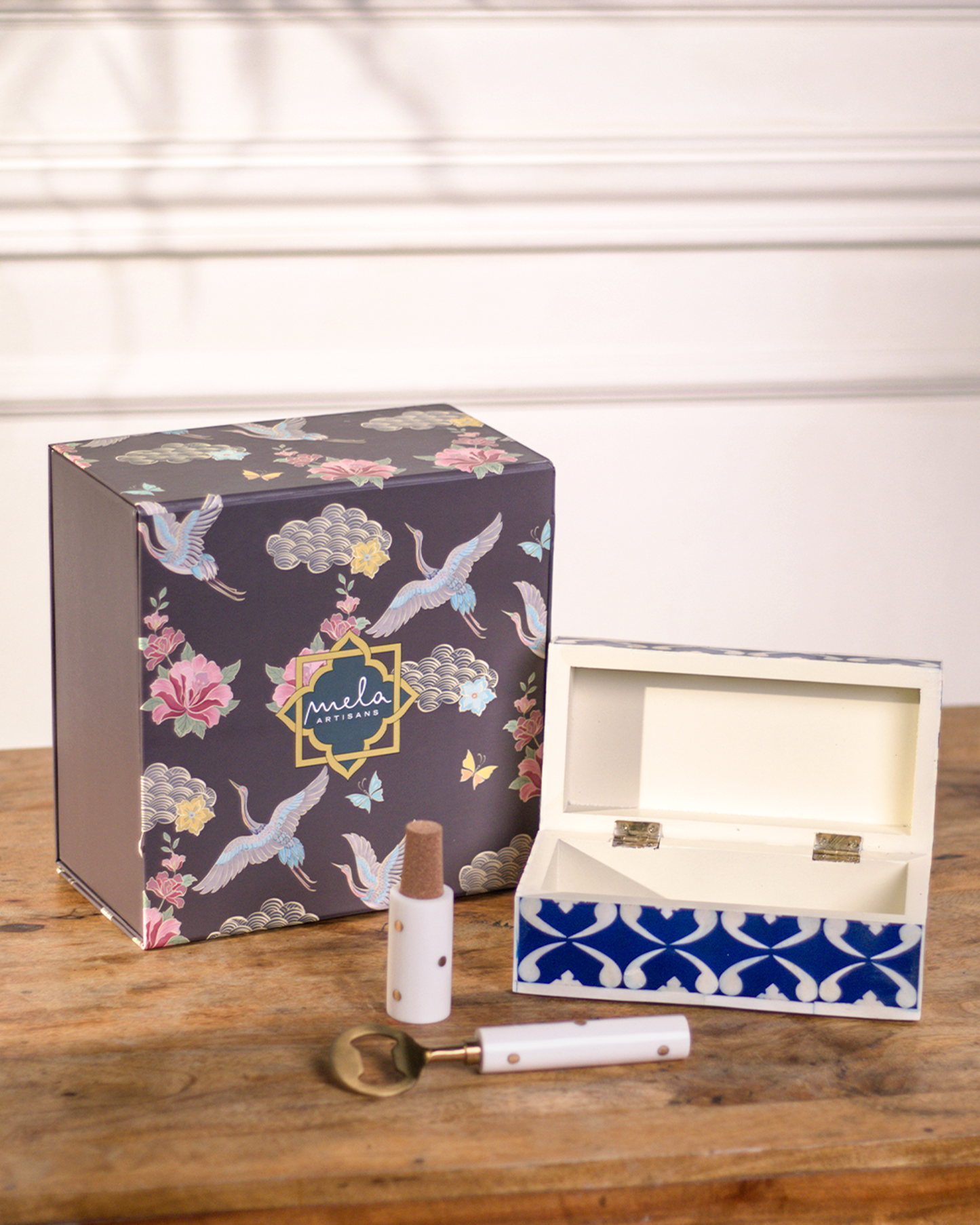 S/2 Lattice Bar Accessories Gift Set, Wooden Box with Bottle Opener & Stopper