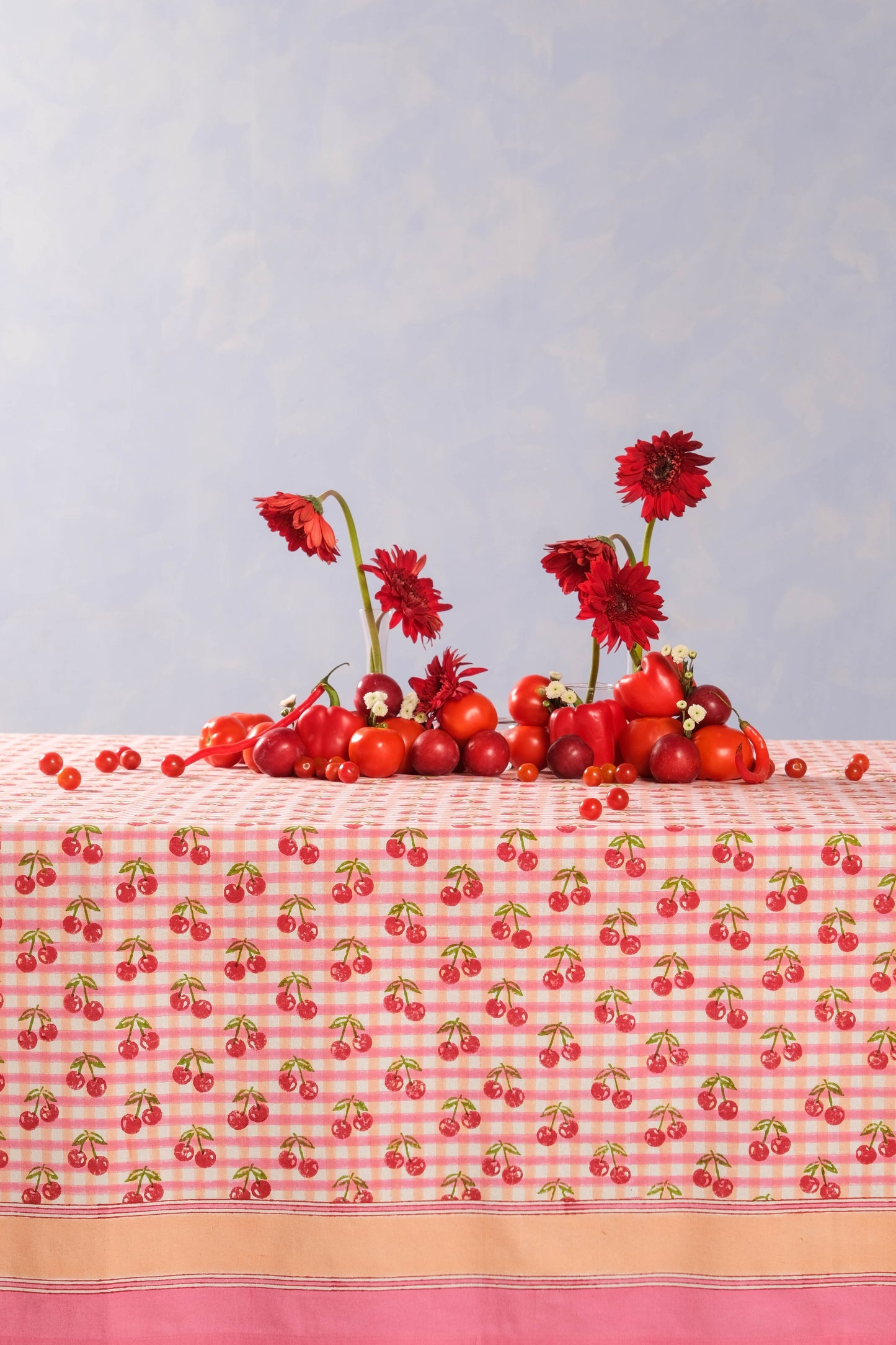 Cherry Blockprint Tablecloth in Red Gingham