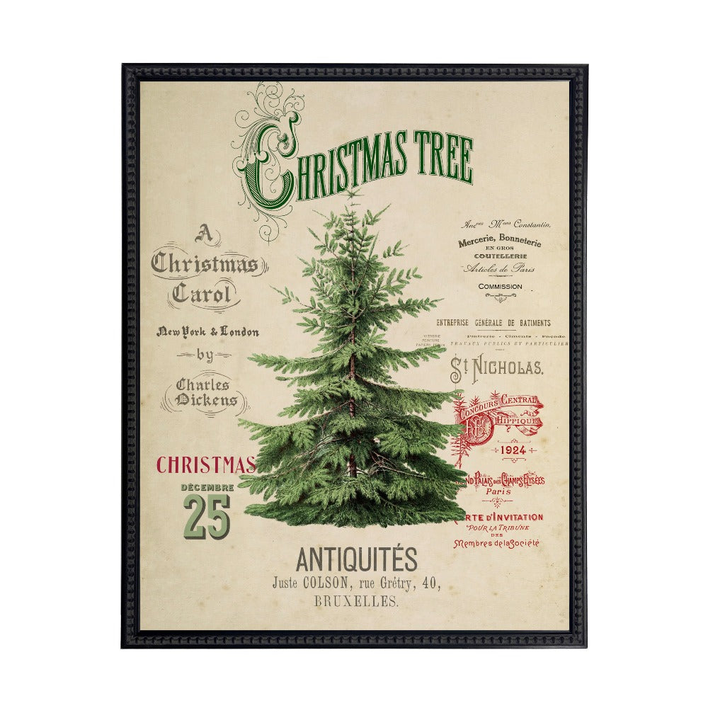 Vintage Painting of a Christmas Tree on a distressed bookplate background