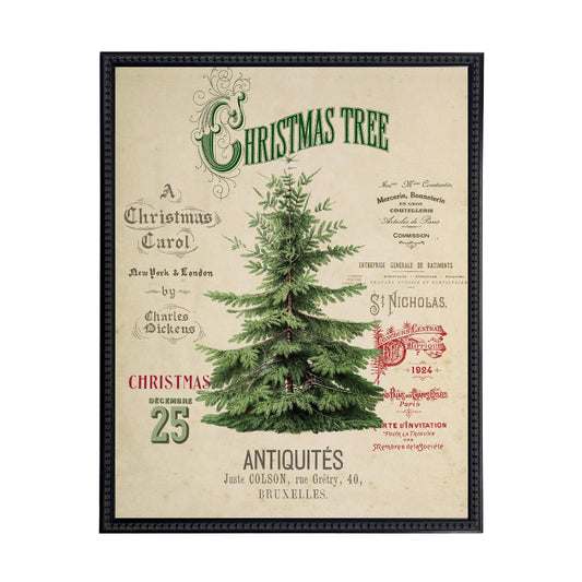 Vintage Painting of a Christmas Tree on a distressed bookplate background