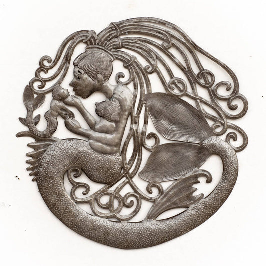 Child Mermaid Dreaming in the Sea, Haitian Metal Art, Mermaid Theme Room