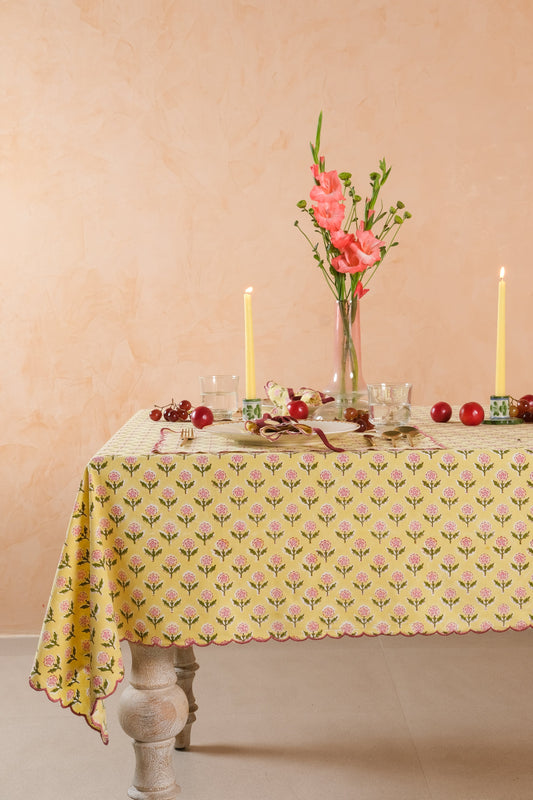 Mona Scallop Embroidered Blockprint Tablecloth in Butter Yellow