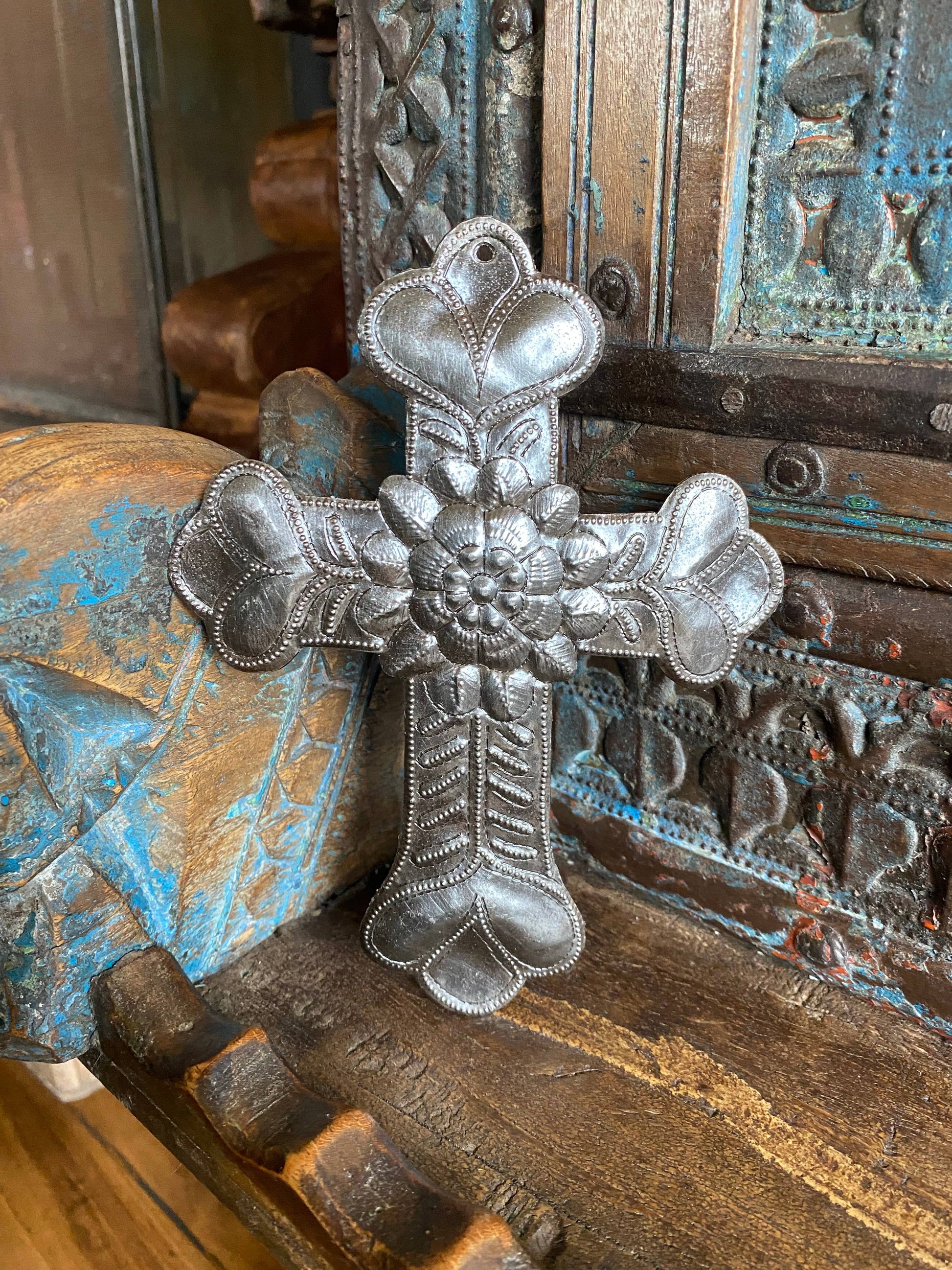 Recycled Metal Floral Cross, Milagro, Upcycled Art  5" x 7"