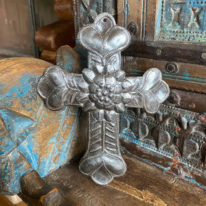 Recycled Metal Floral Cross, Milagro, Upcycled Art  5