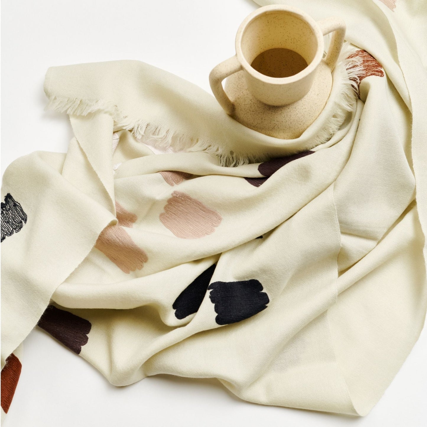 Off White Dahlia Hand Embroidered Hand Woven Modern Artisanal Scarf