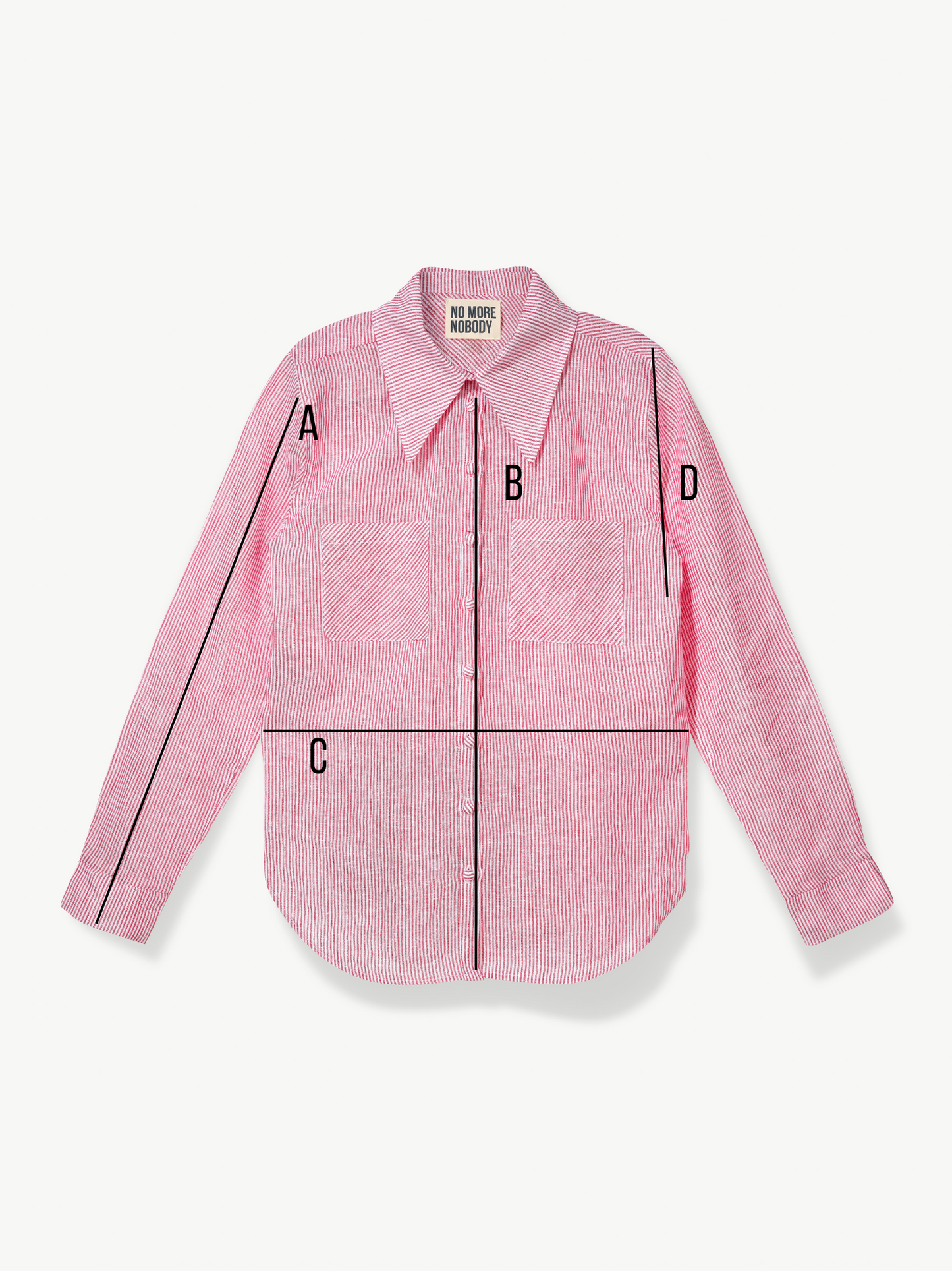 Pink shirt with labeled measurements on a white background