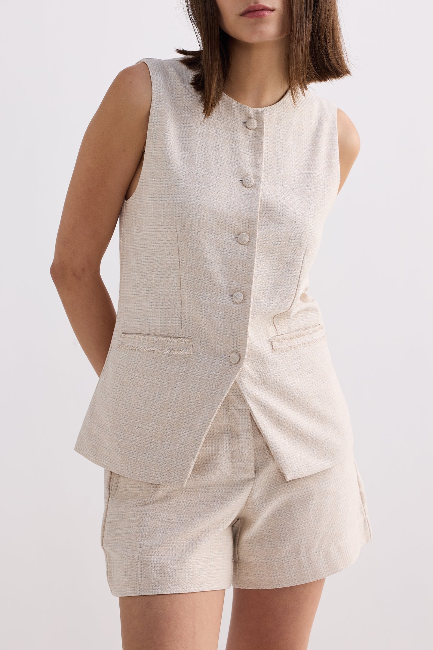 Cotton Tweed Vest Jacket Set in Cream Closeup