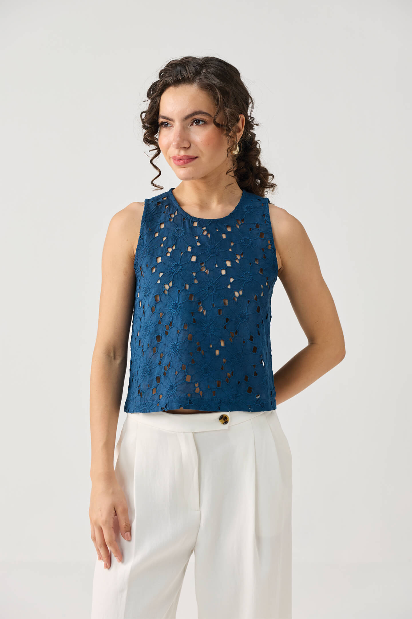 The Embroidered Button Back Top in Blue