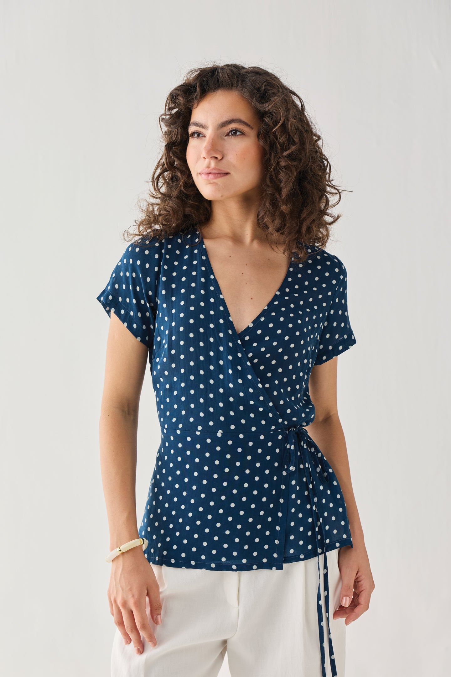 Wrap-Around Top in Navy Blue Polka