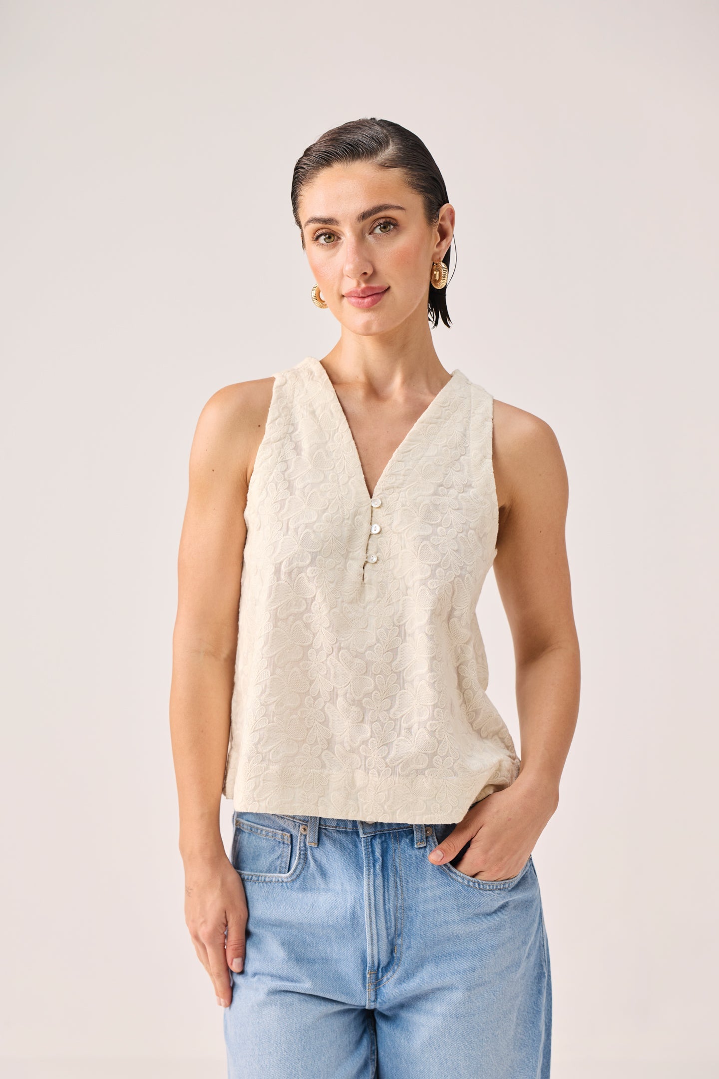 Embroidered Button Front Neck Top in Cream