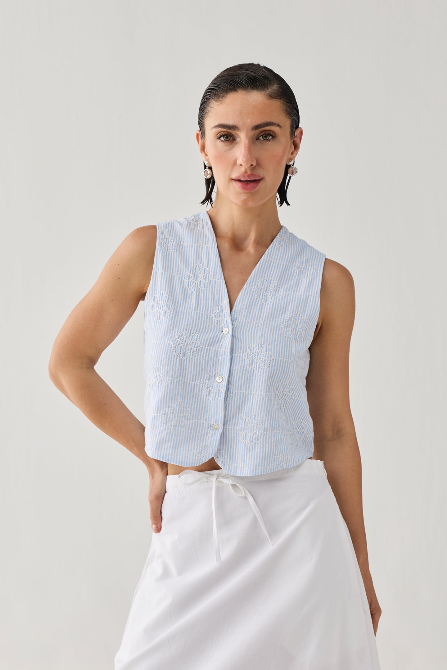 Embroidered Sleeveless Vest Top in Blue Stripe