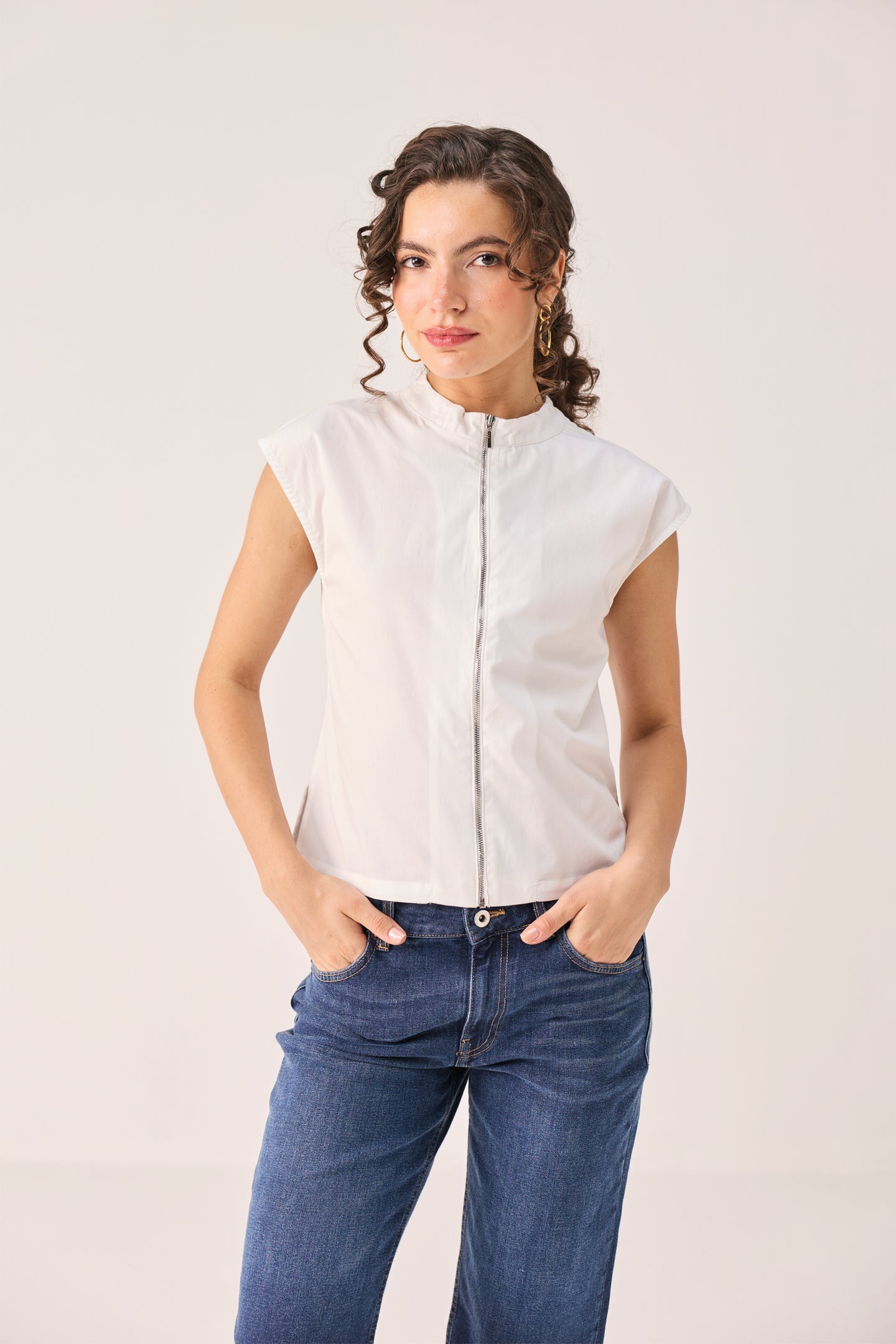 Front Zip Top in White