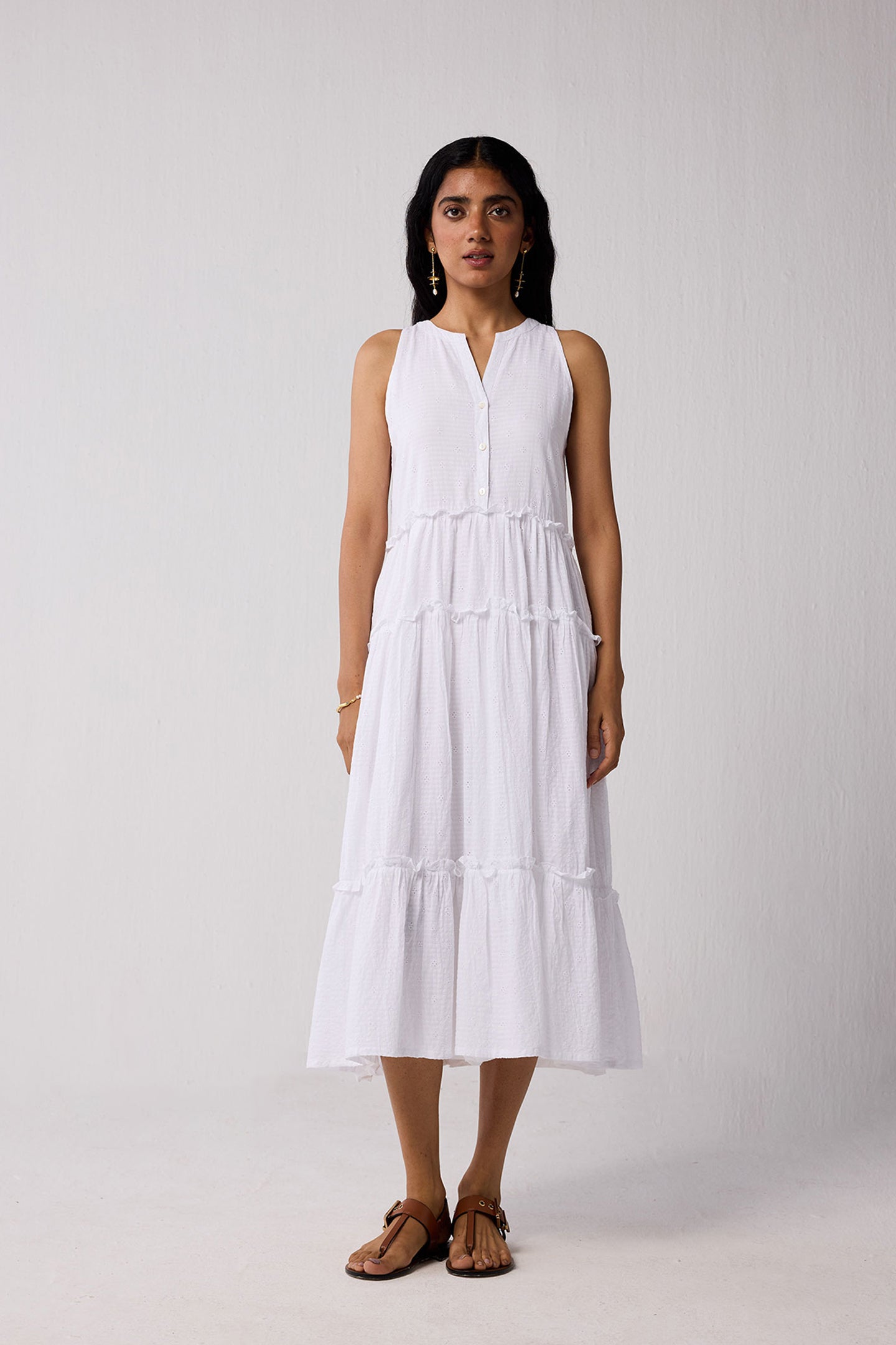 Embroidered Sleeveless Maxi Dress in White