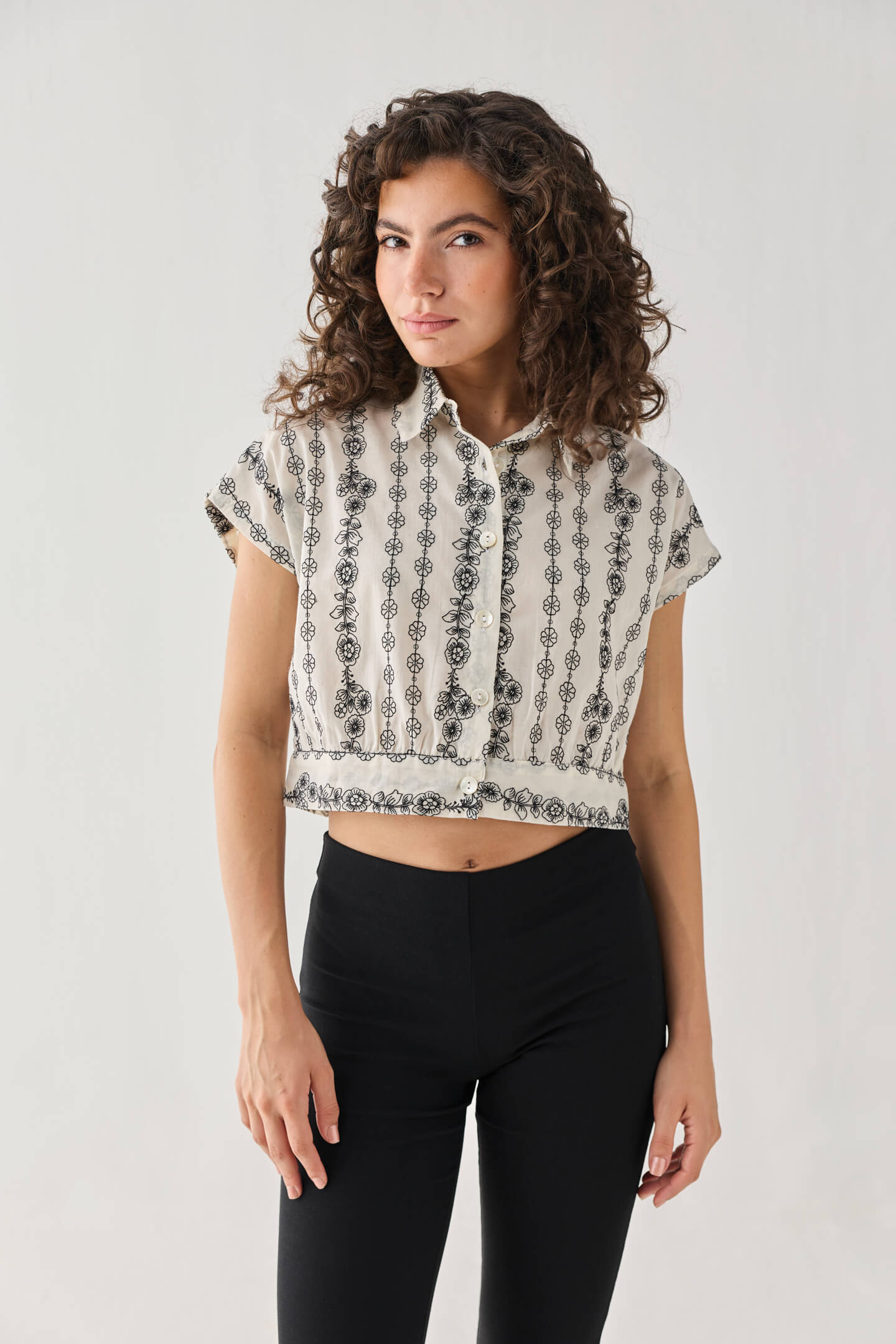 Oversized Crop Shirt with Floral Embroidery