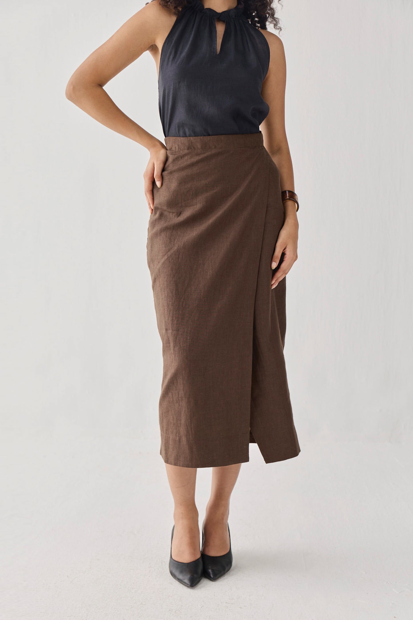 Fitted Overlap Midi Skirt in Brown