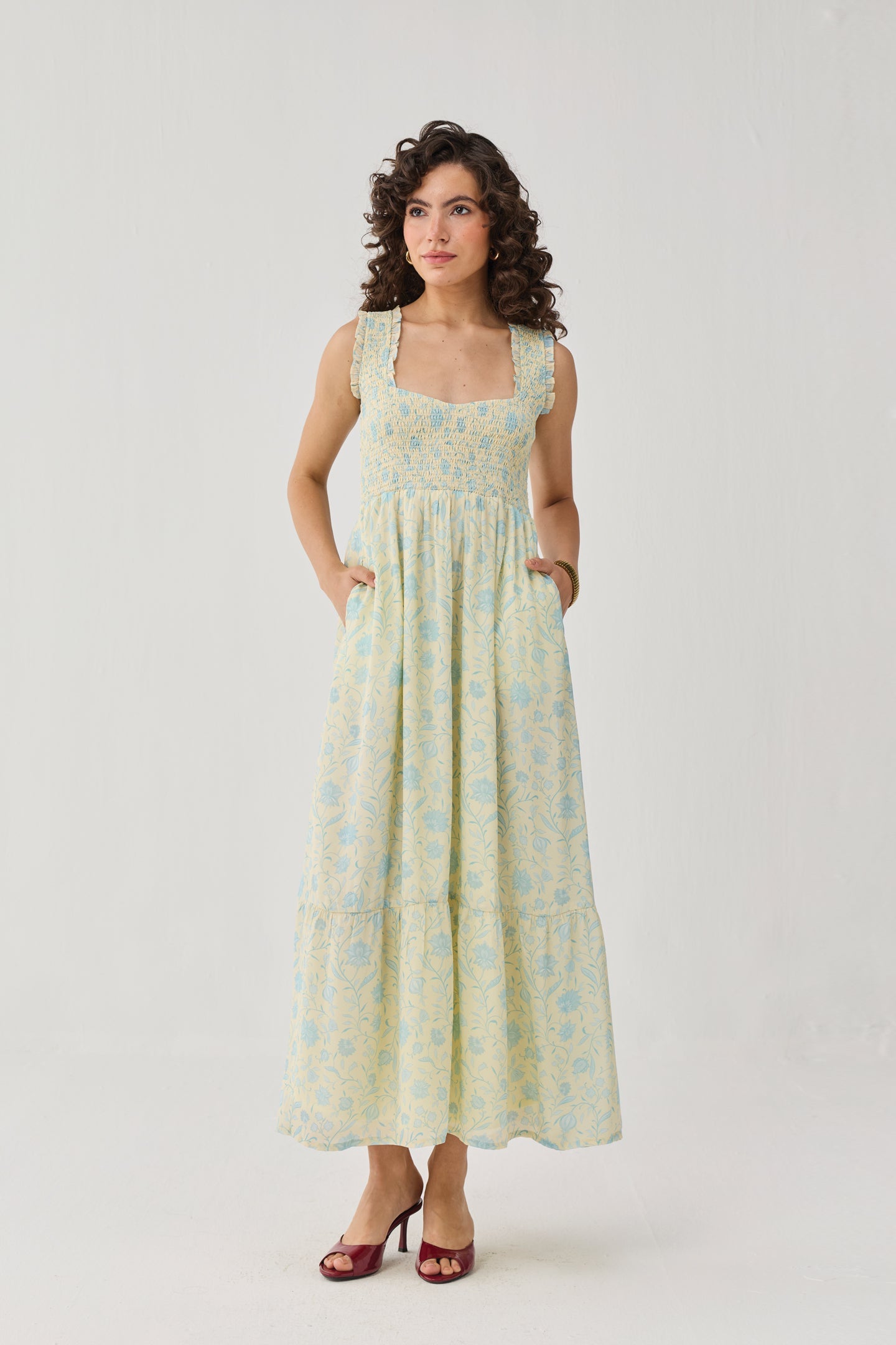 The Smocked Maxi Dress in Yellow Florals