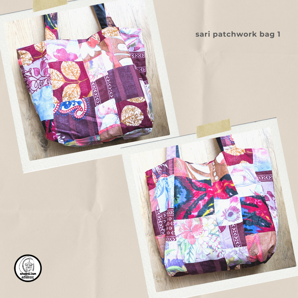 Sari patchwork bag with floral patterns on a beige background