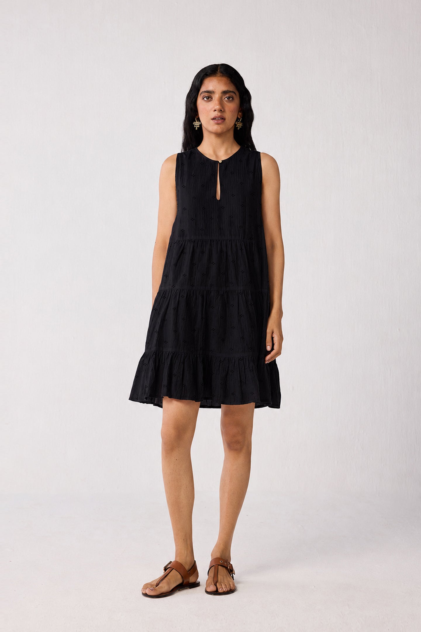 Embroidered Everyday Sleeveless Short Tiered Dress in Black