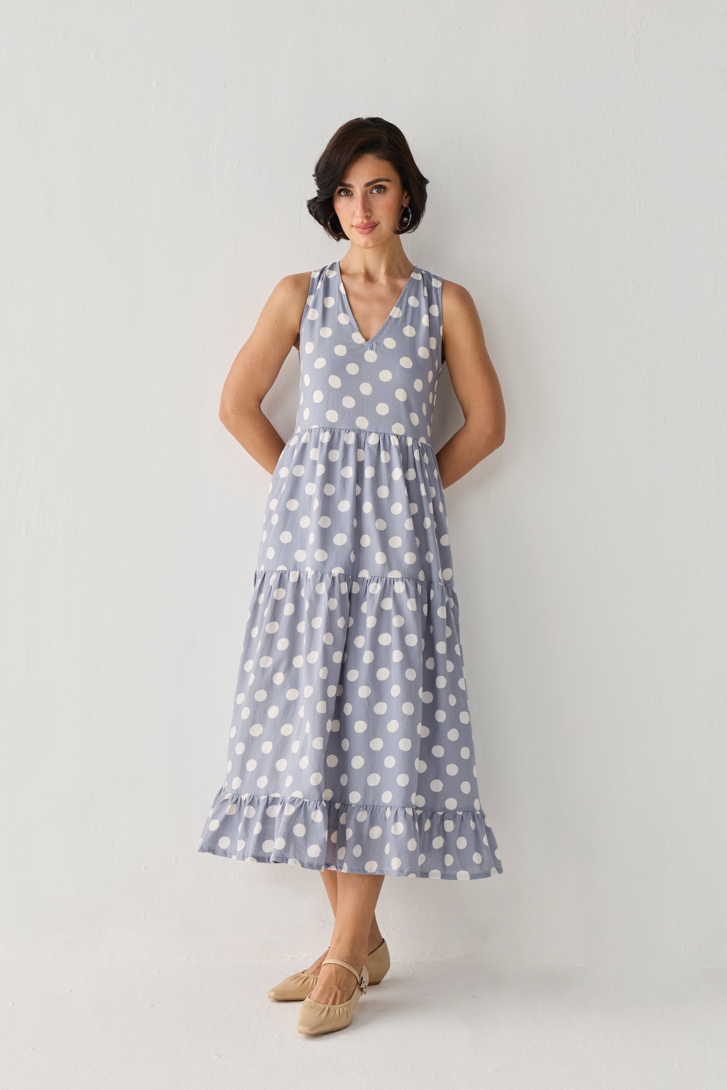 Tiered Midi Dress in Blue Polka
