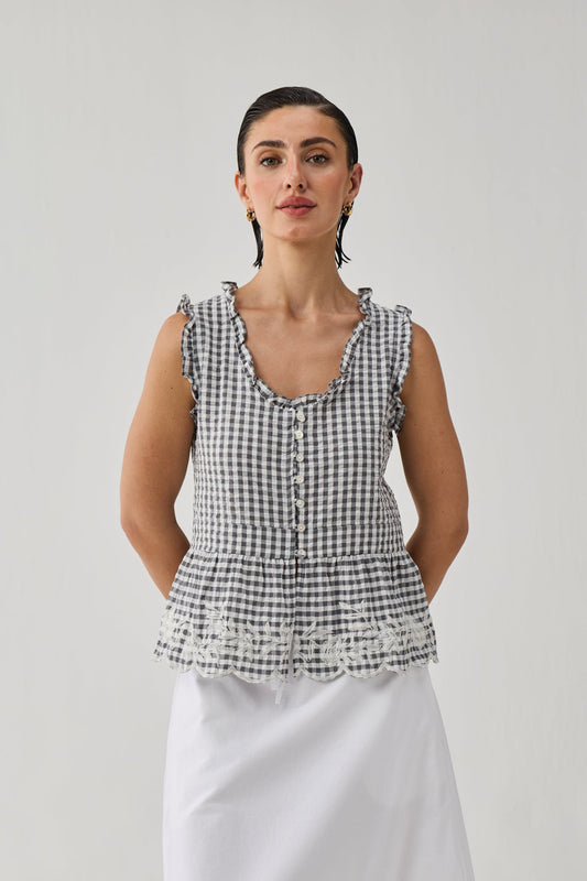 Embroidered Peplum Top in Grey Check