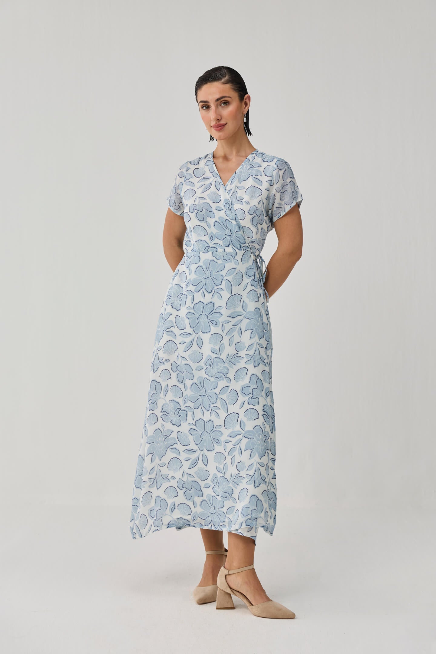 Maxi Wrap Dress in Soft Blue Florals