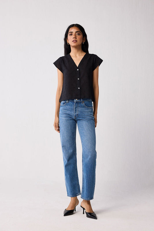 V-Neck Embroidered Top with Front Buttons in Black