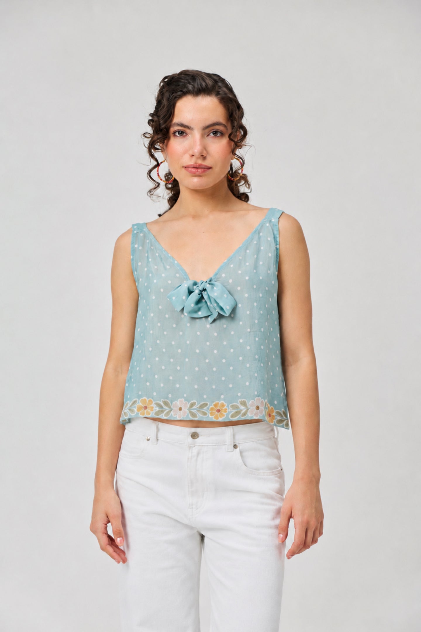 Deep V-Neck Polka Dot Top with Bow Detail