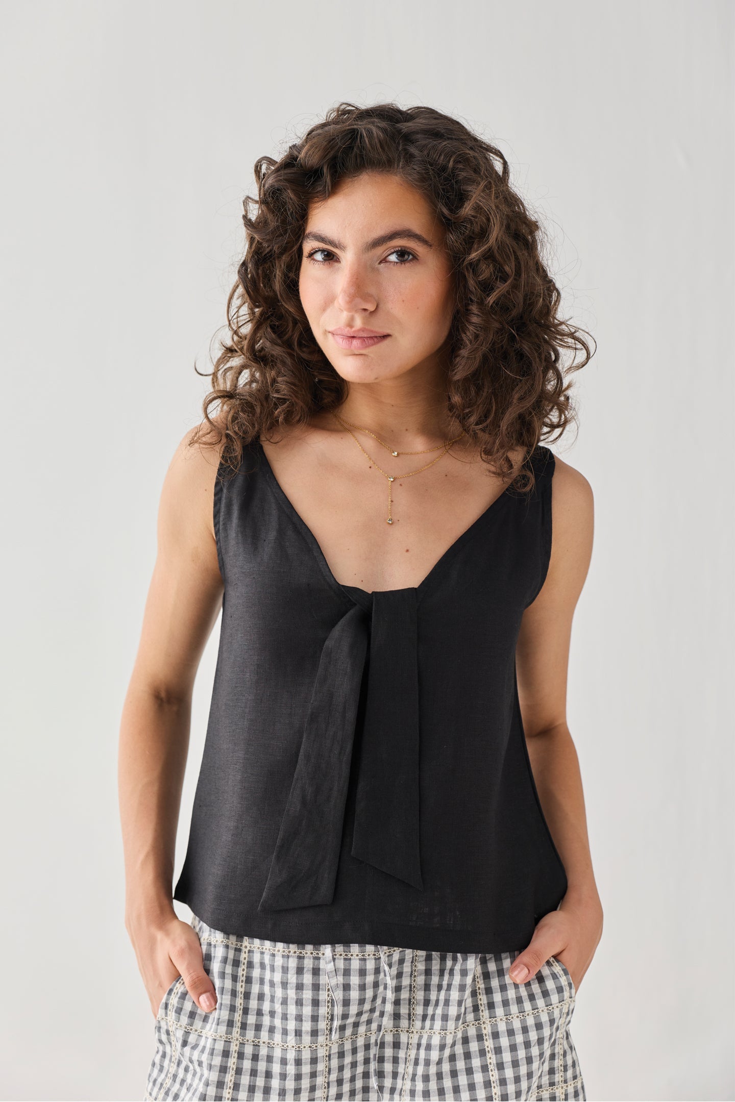 Hemp Front Tie Cami Top in Black