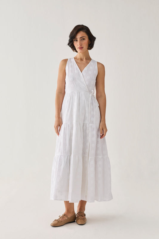 The Embroidered Tiered Wrap Maxi Dress