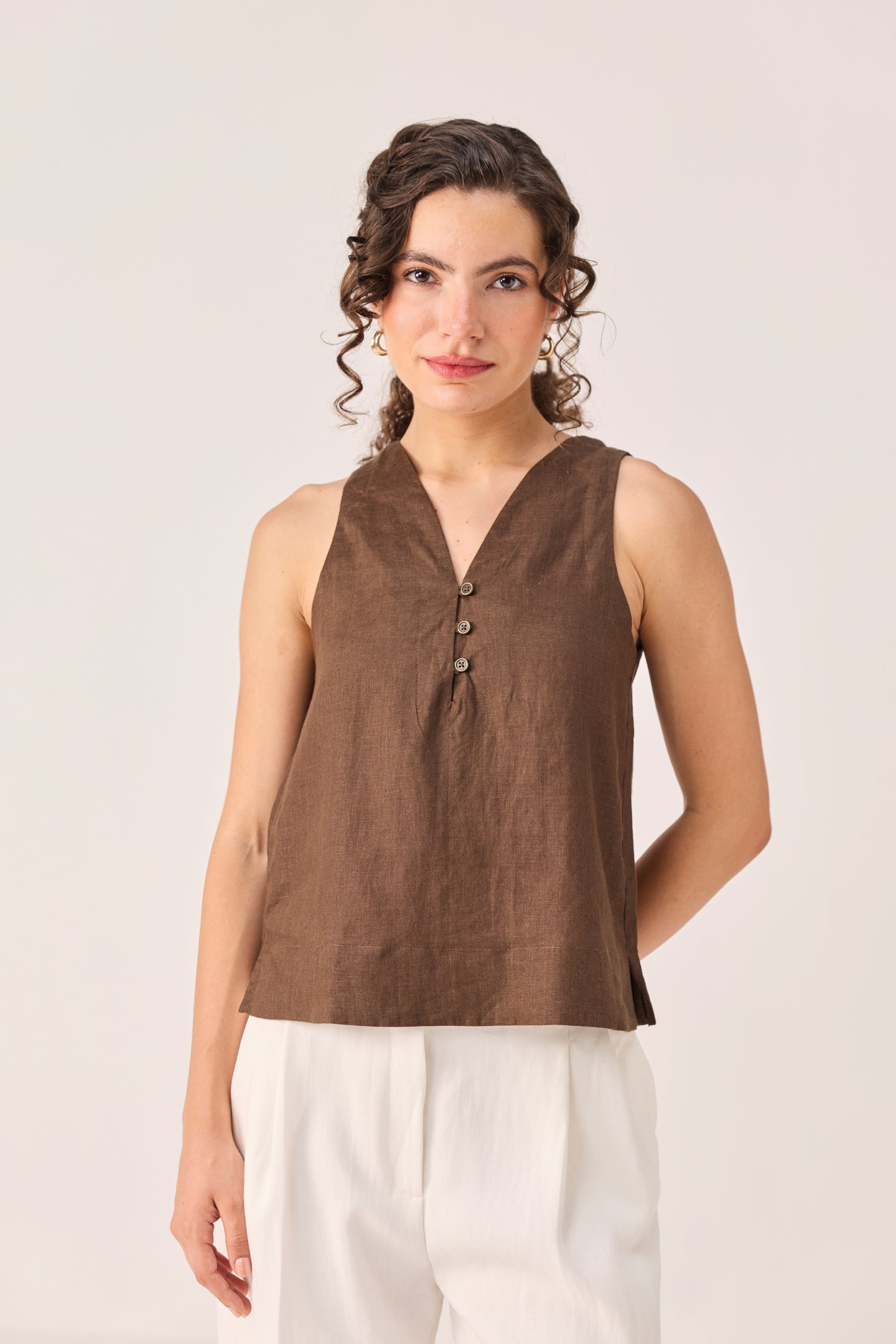 The Button Neck Top in Brown