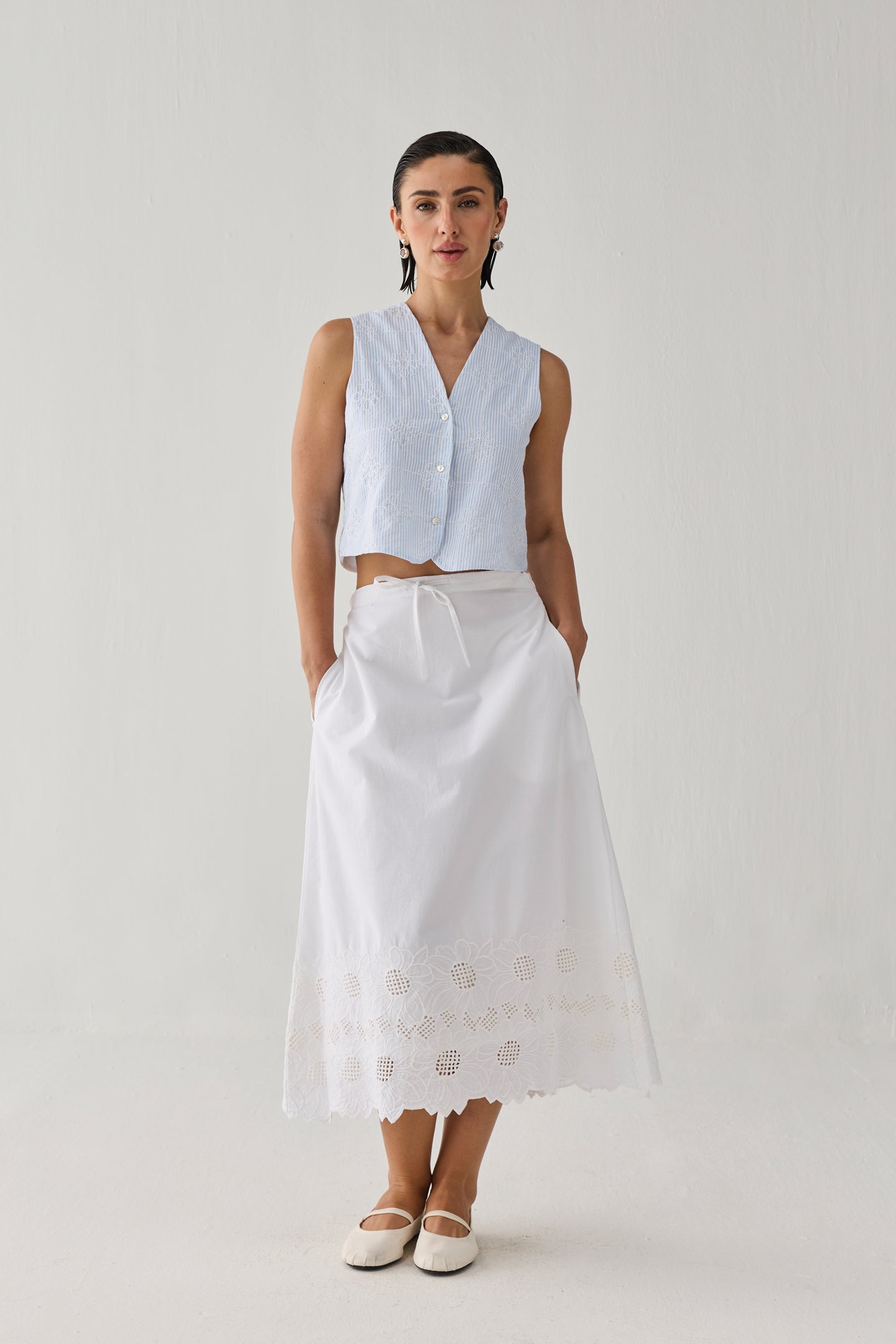 Embroidered Midi Skirt in White