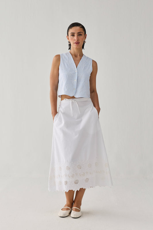 Embroidered Midi Skirt in White