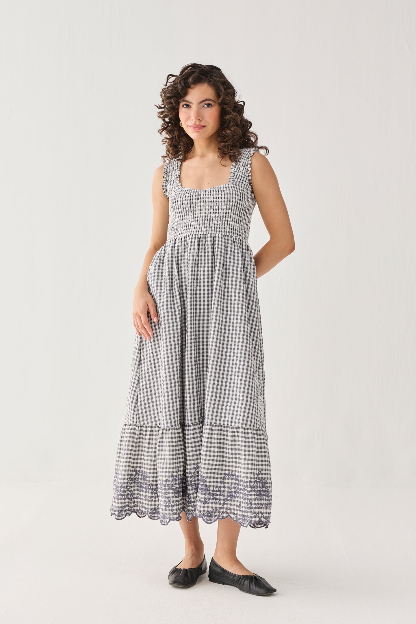 The Smocked Maxi Dress in Grey Check