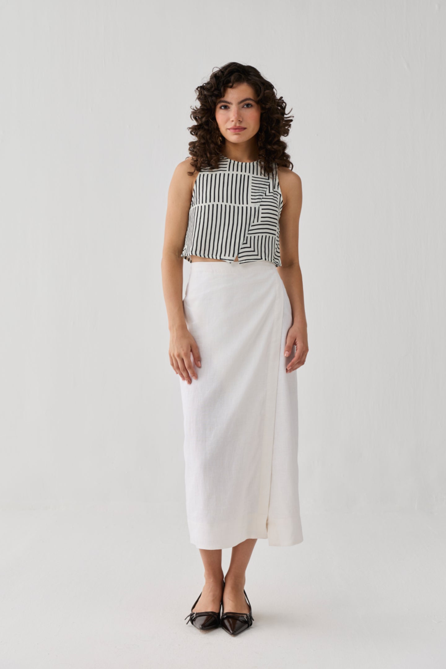 Fitted Overlap Midi Skirt in Off - white