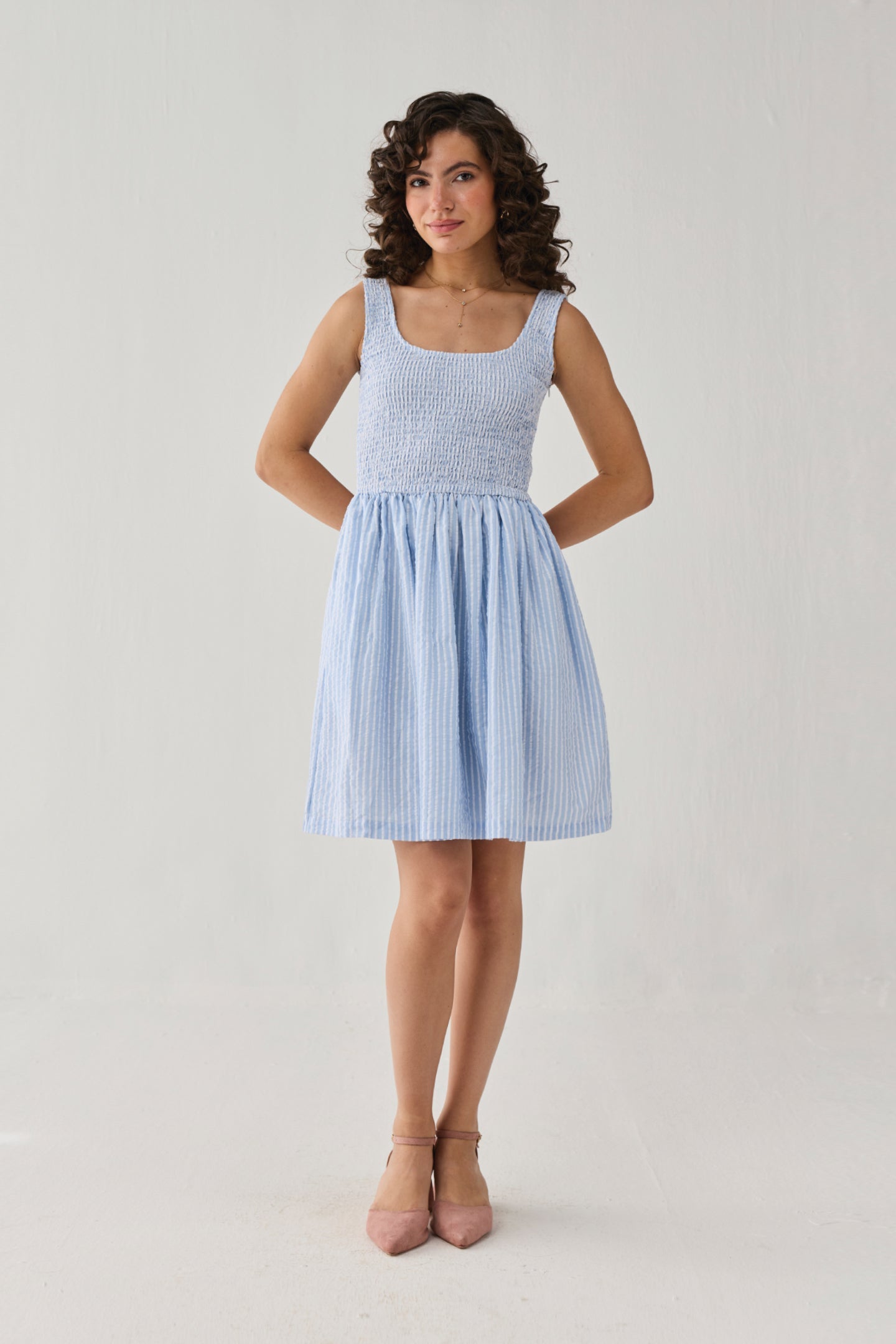 Smocked Short Dress in Blue Stripes
