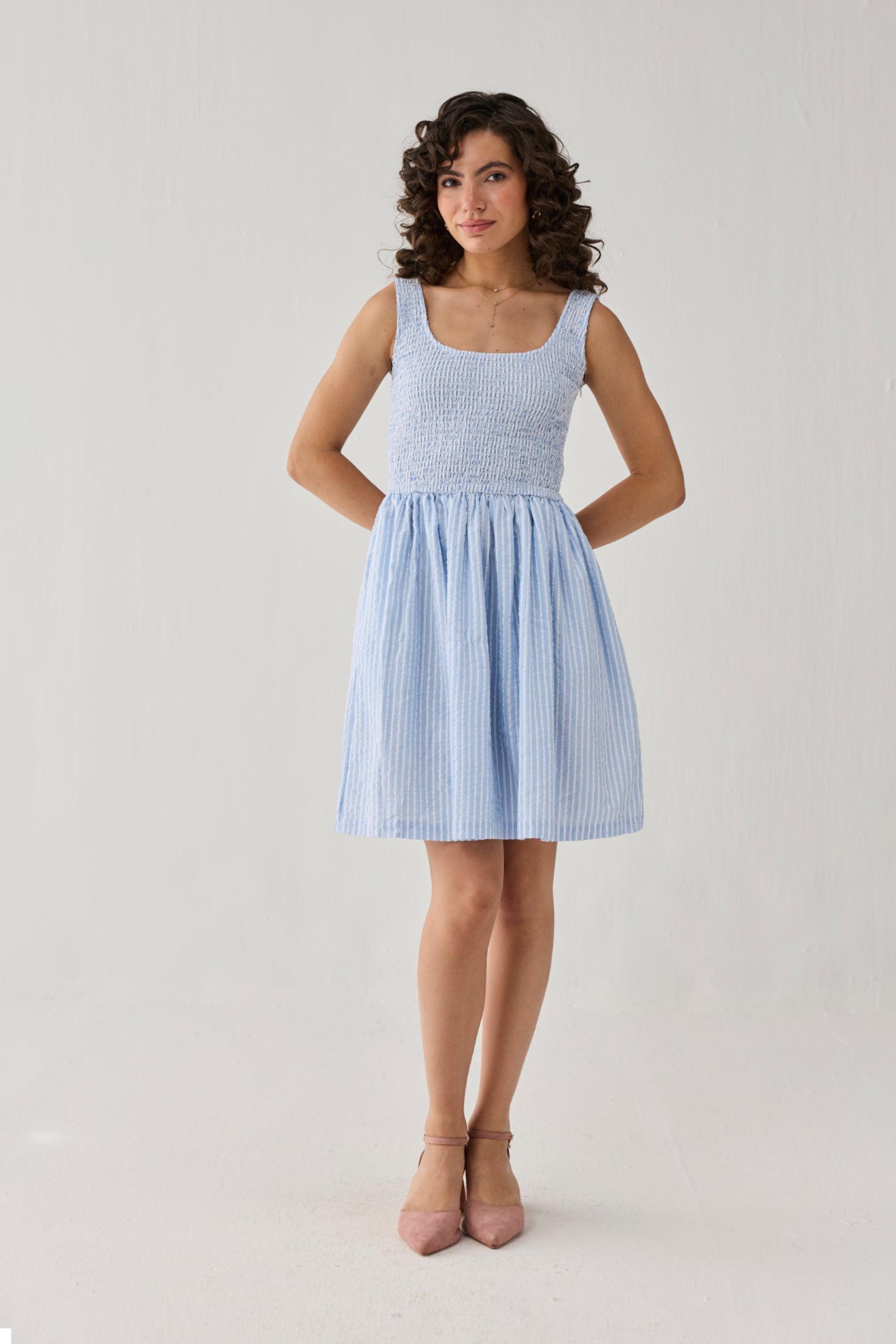 Smocked Short Dress in Blue Stripes
