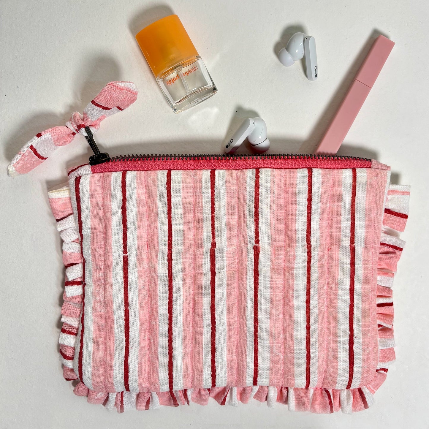 Quilted Cotton Travel Pouch with Frill Organizer