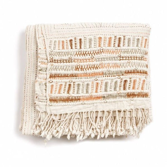 Unah Coral Fully Hand Embroidered Handwoven Organic Cotton Throw