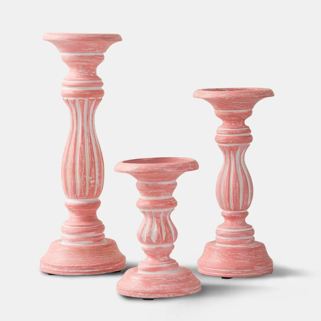 Rose Reverie Mango Wood Pillar Candleholders – Pink Set of 3