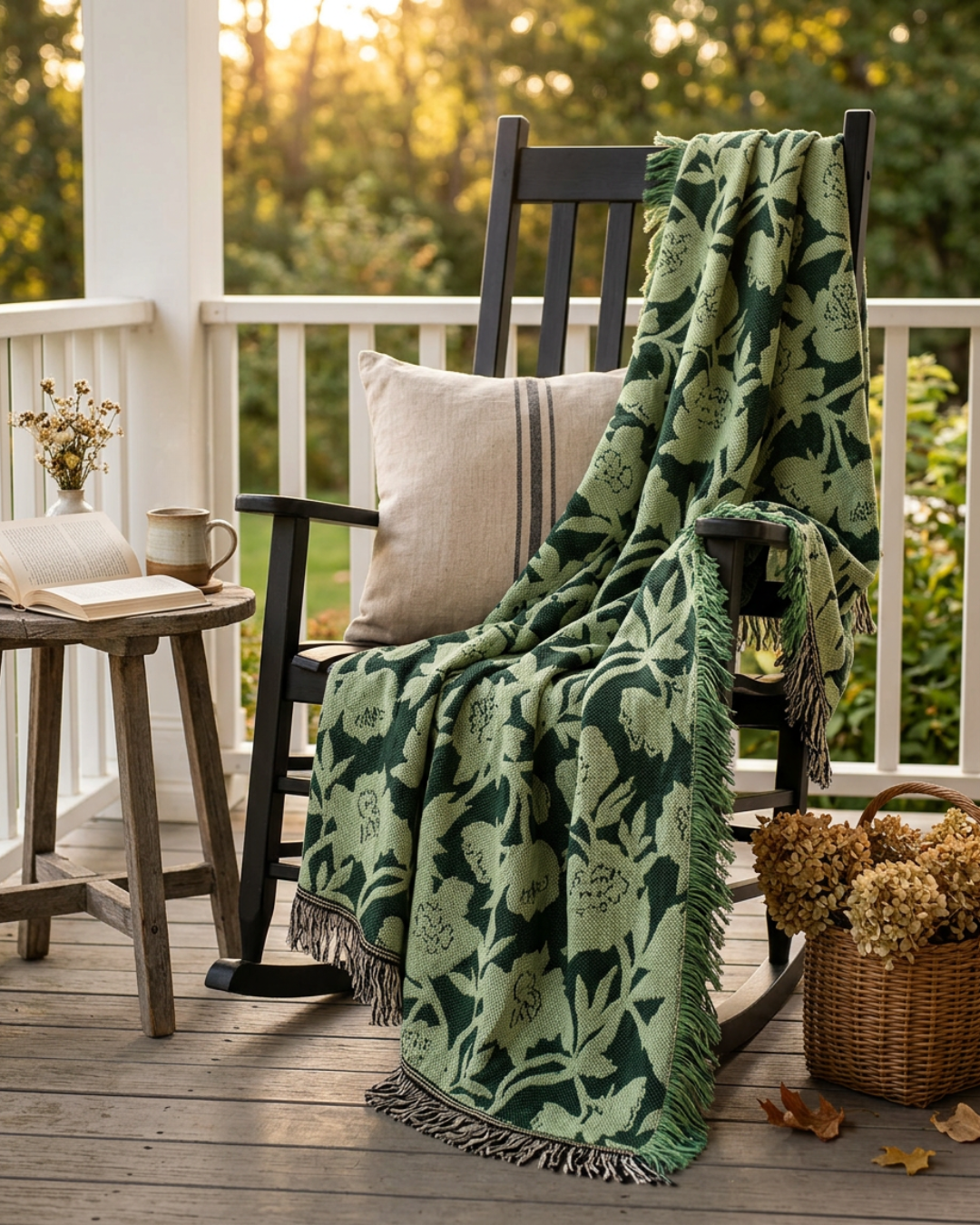 Green Floral Jacquard Woven Throw