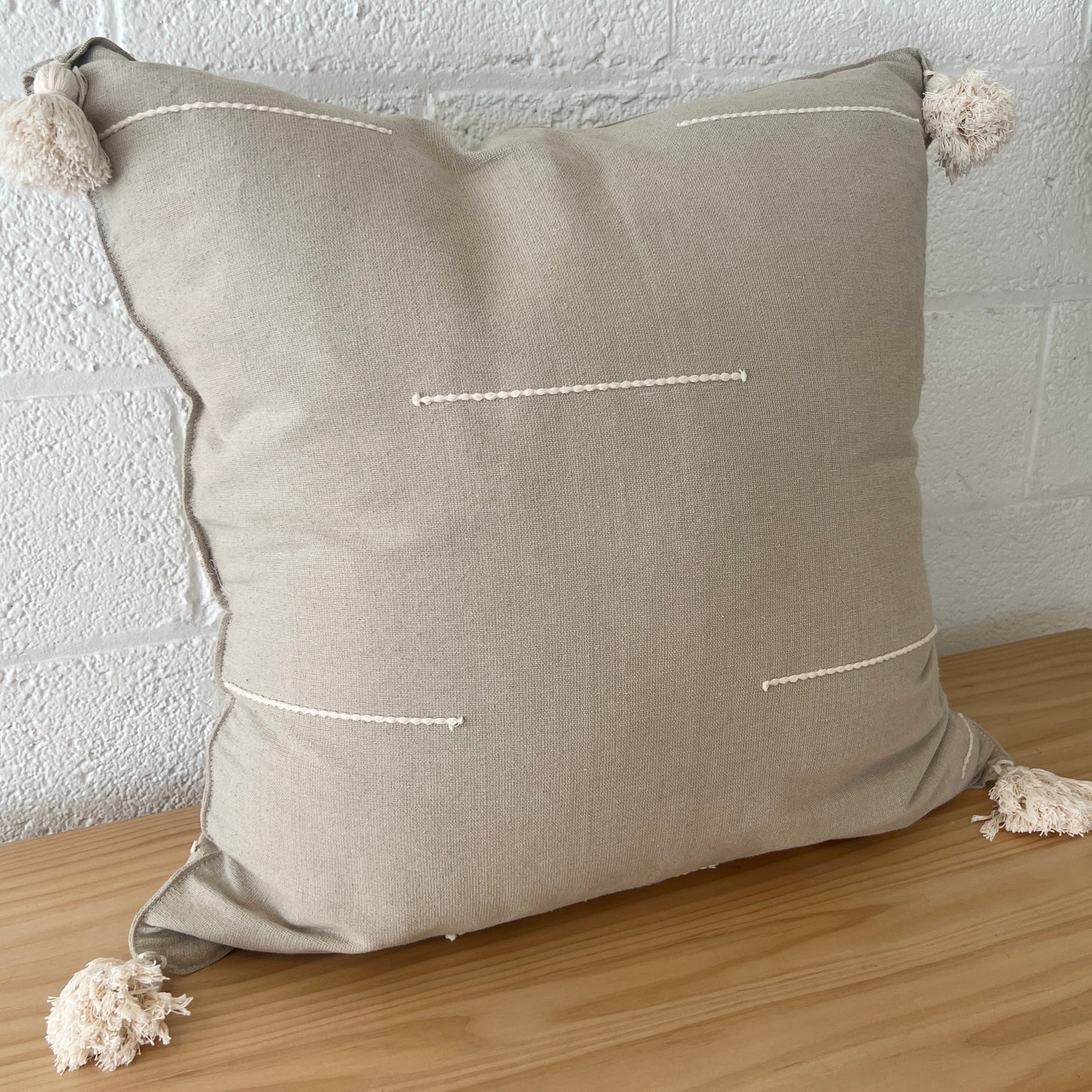 Cotton Tassel Pillow with Embroidered Detail