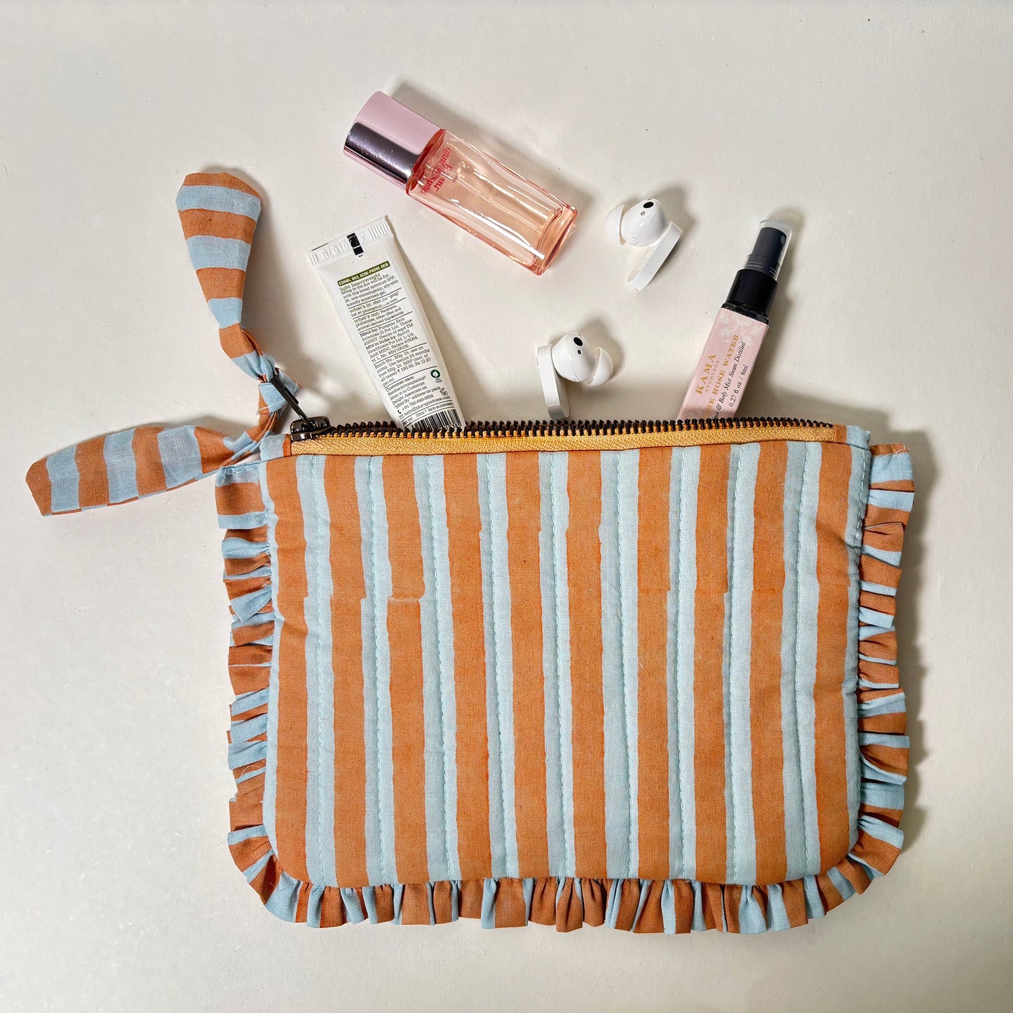 Quilted Cotton Travel Pouch with Ruffle Trim and Striped Design