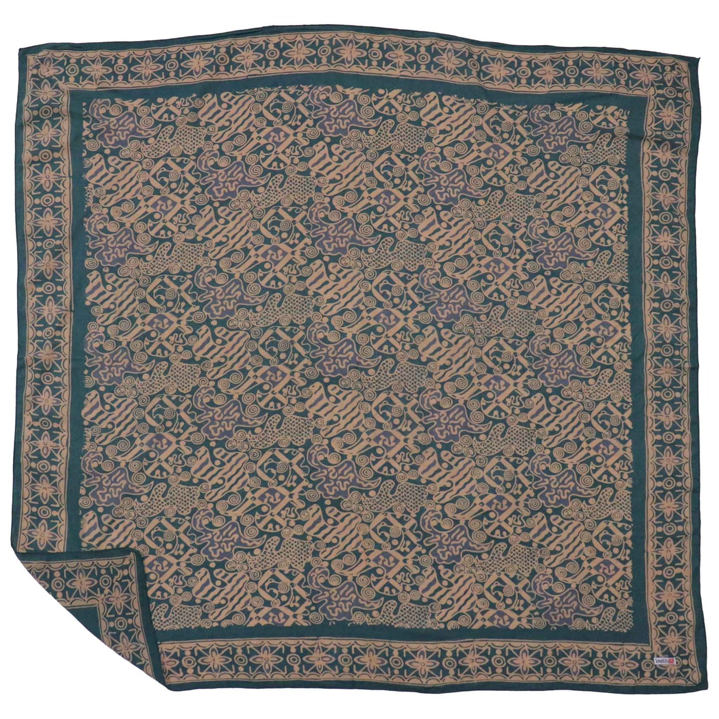 Large 39" Hand Dyed Batik Bandana, 100% Soft Cotton, Abstract Flowers, Teal, Patina Blue