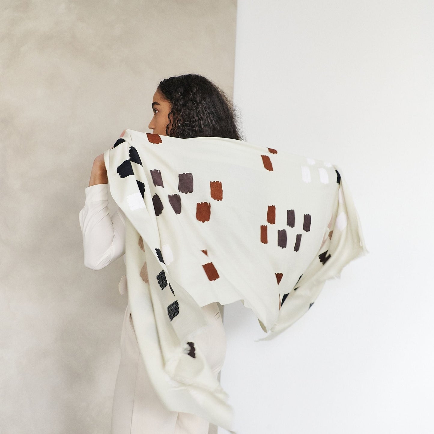 Off White Dahlia Hand Embroidered Hand Woven Modern Artisanal Scarf