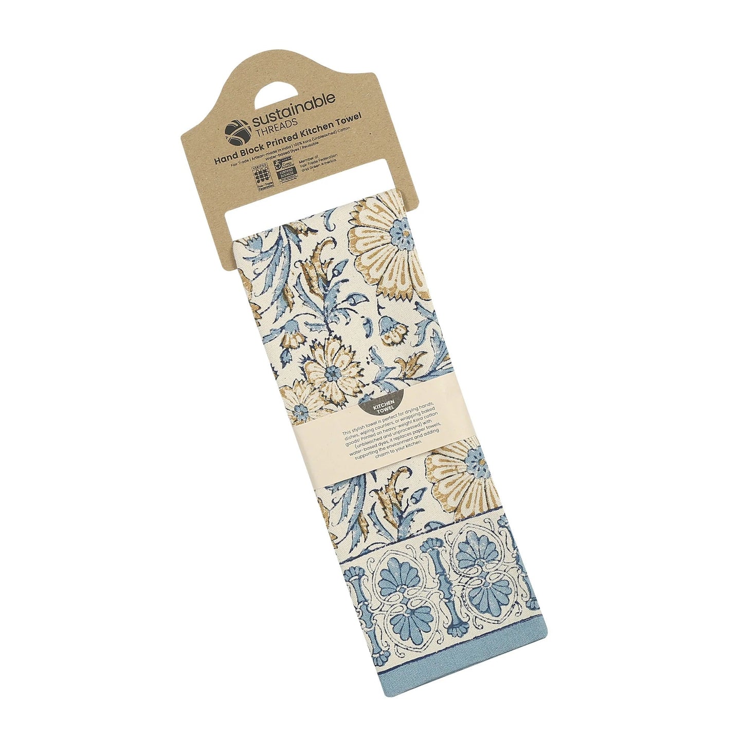 Hand Block Printed Cotton Kitchen Towels | 27″ × 19″ | Set of 2 | Fair Trade | STREAMLINE