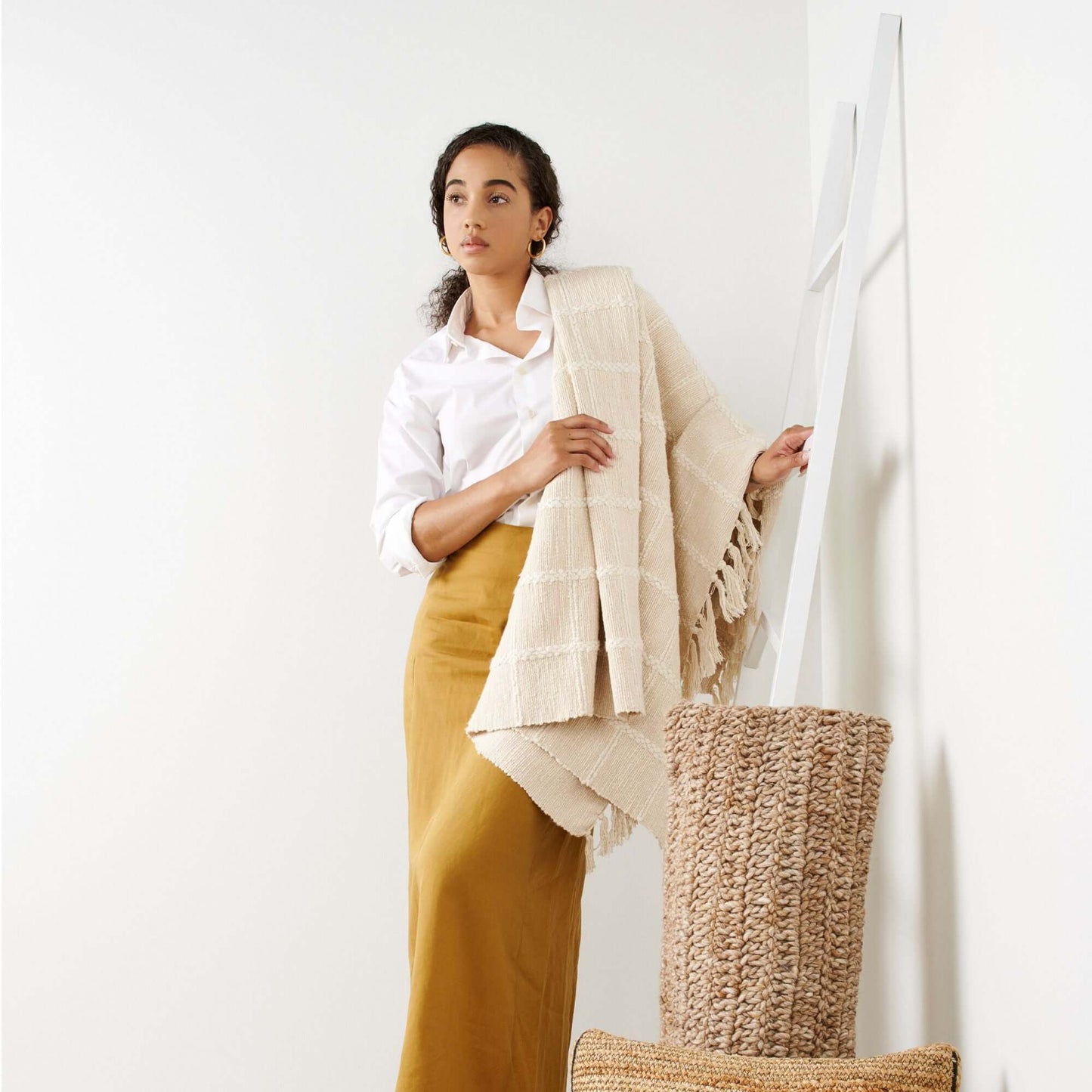 Sea Shell White Textured Checks Handloom Throw
